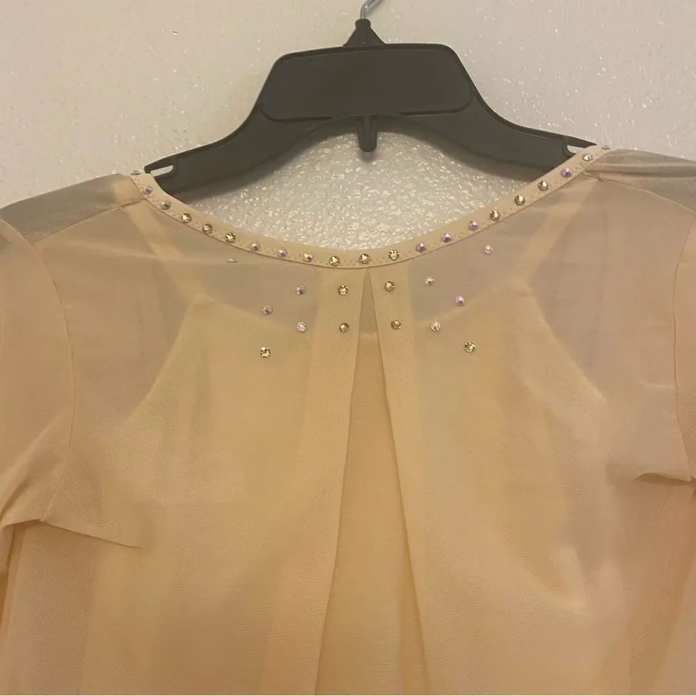 Custom solo dance costume lyrical mesh dress rhinestone ivory yellow illusion LC